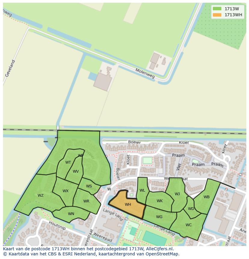 Afbeelding van het postcodegebied 1713 WH op de kaart.