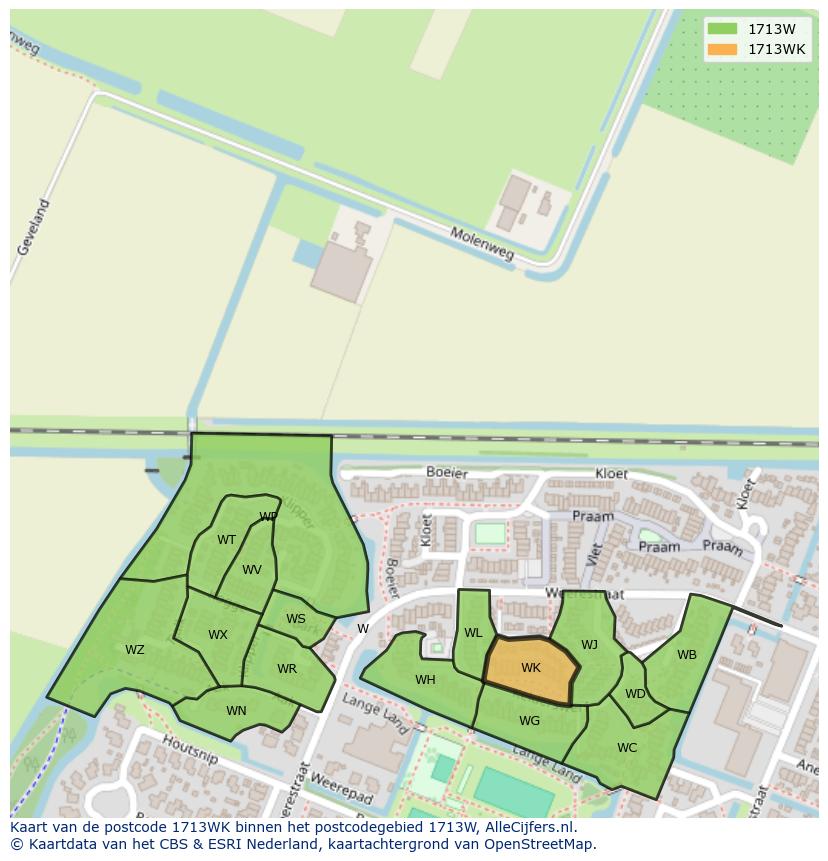 Afbeelding van het postcodegebied 1713 WK op de kaart.