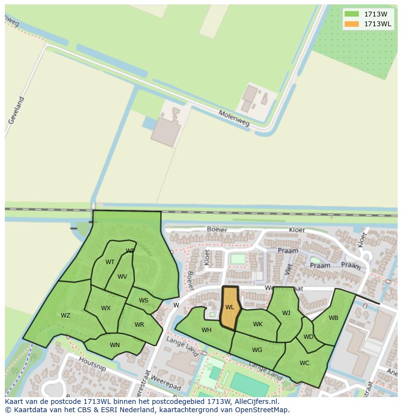 Afbeelding van het postcodegebied 1713 WL op de kaart.
