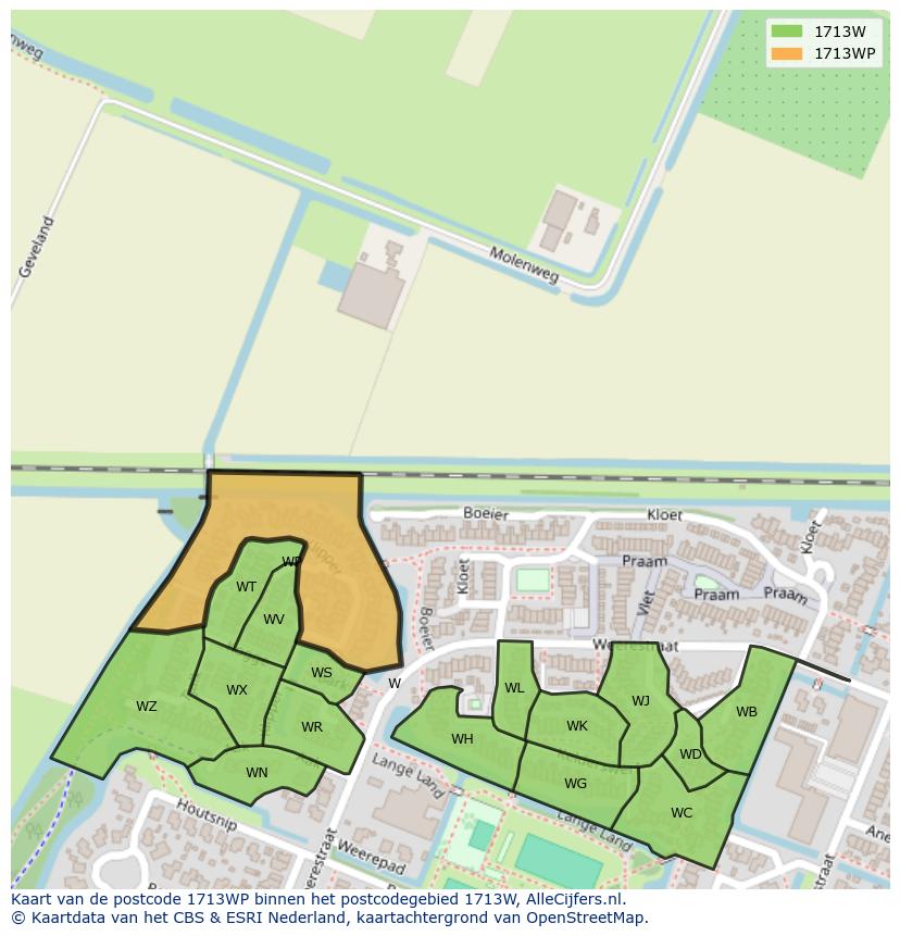Afbeelding van het postcodegebied 1713 WP op de kaart.
