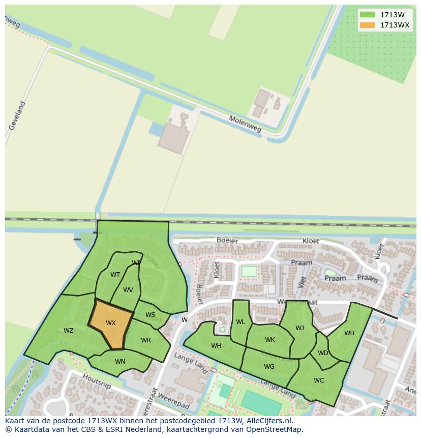 Afbeelding van het postcodegebied 1713 WX op de kaart.