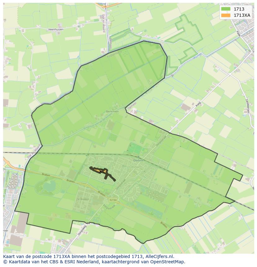 Afbeelding van het postcodegebied 1713 XA op de kaart.