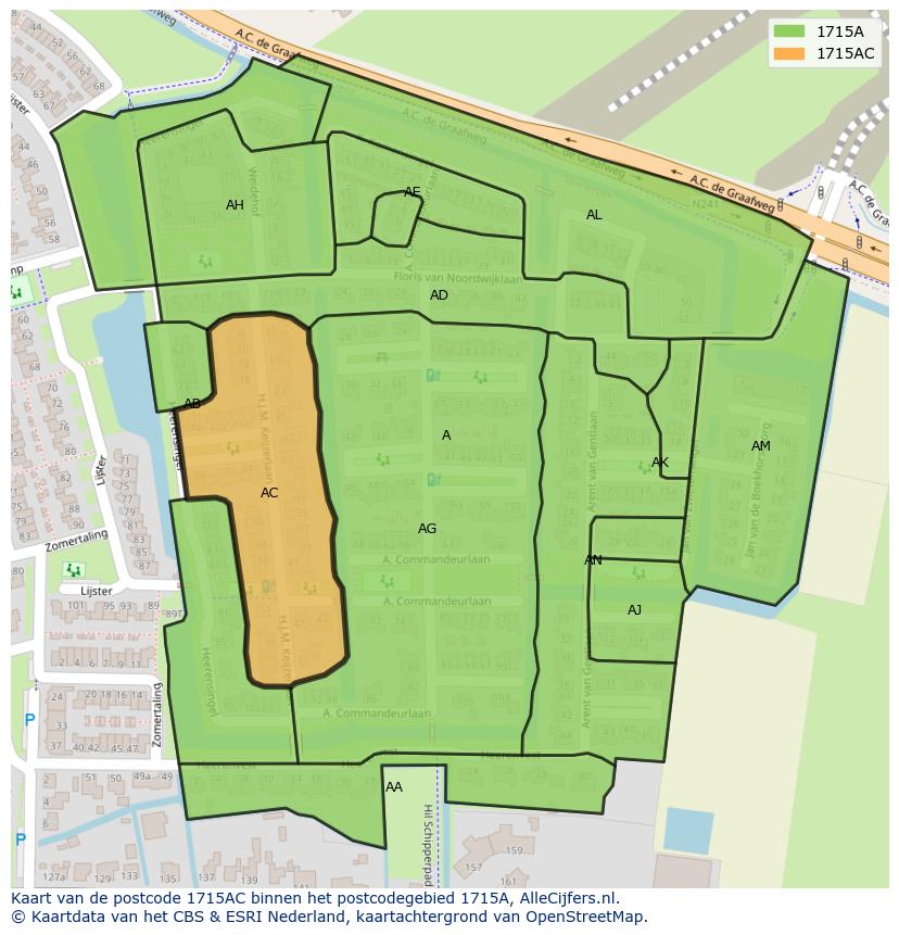 Afbeelding van het postcodegebied 1715 AC op de kaart.