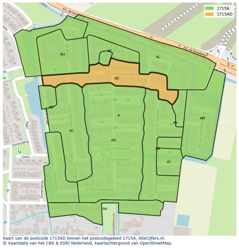 Afbeelding van het postcodegebied 1715 AD op de kaart.