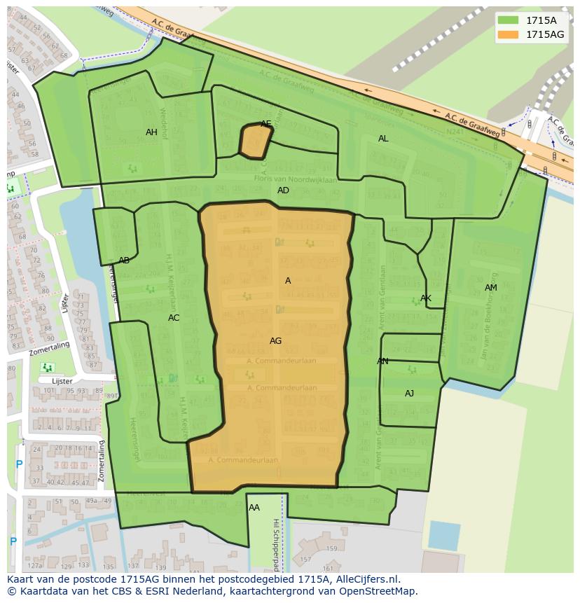 Afbeelding van het postcodegebied 1715 AG op de kaart.