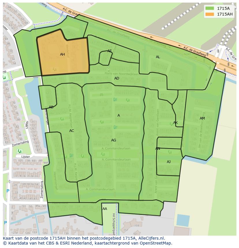 Afbeelding van het postcodegebied 1715 AH op de kaart.
