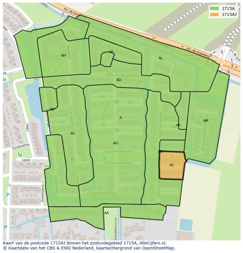 Afbeelding van het postcodegebied 1715 AJ op de kaart.
