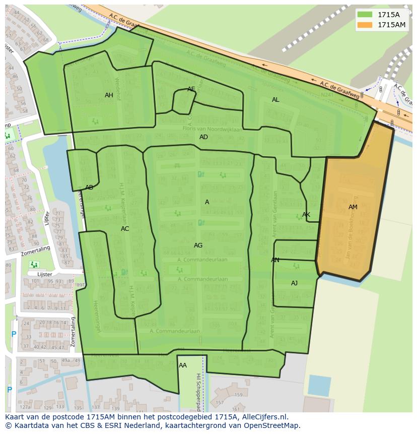 Afbeelding van het postcodegebied 1715 AM op de kaart.