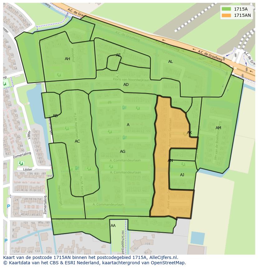 Afbeelding van het postcodegebied 1715 AN op de kaart.