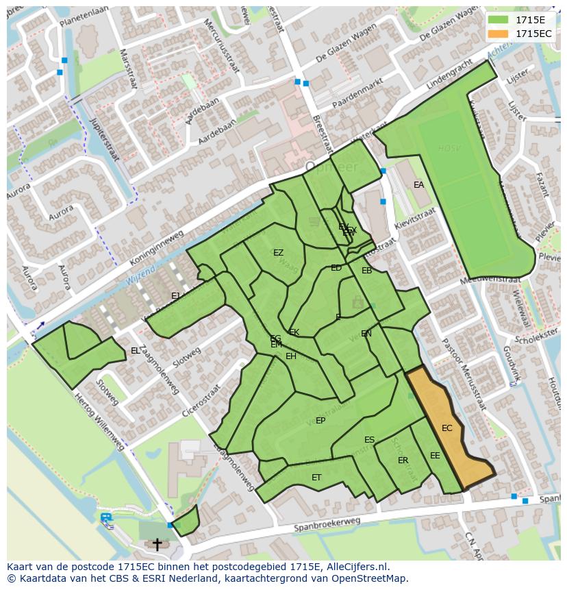 Afbeelding van het postcodegebied 1715 EC op de kaart.