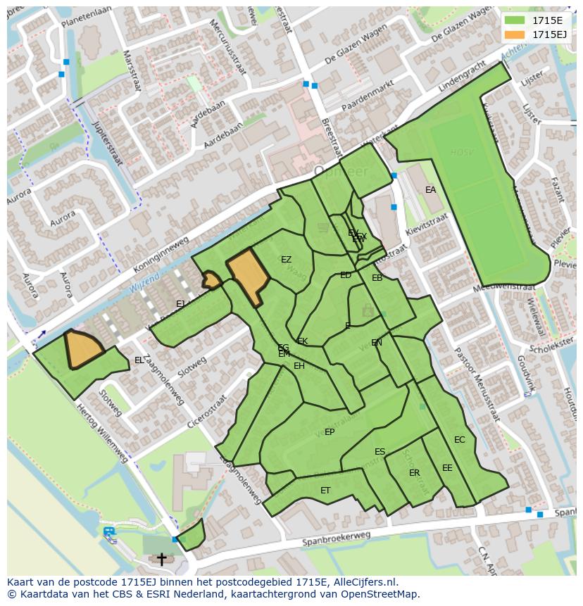 Afbeelding van het postcodegebied 1715 EJ op de kaart.