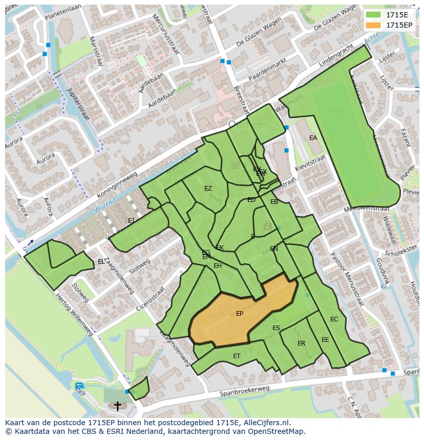 Afbeelding van het postcodegebied 1715 EP op de kaart.