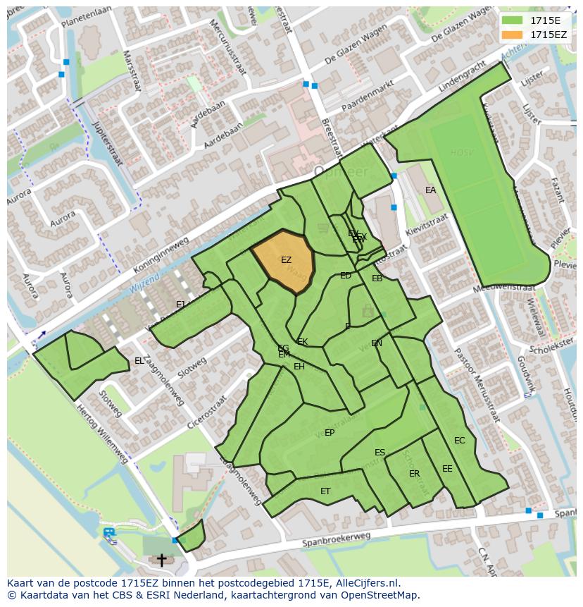 Afbeelding van het postcodegebied 1715 EZ op de kaart.