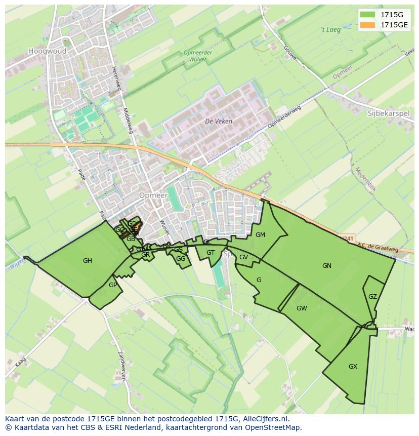 Afbeelding van het postcodegebied 1715 GE op de kaart.