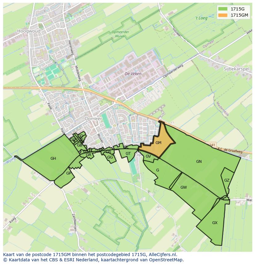 Afbeelding van het postcodegebied 1715 GM op de kaart.