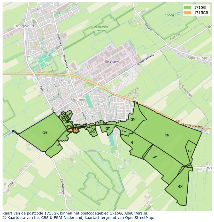 Afbeelding van het postcodegebied 1715 GR op de kaart.