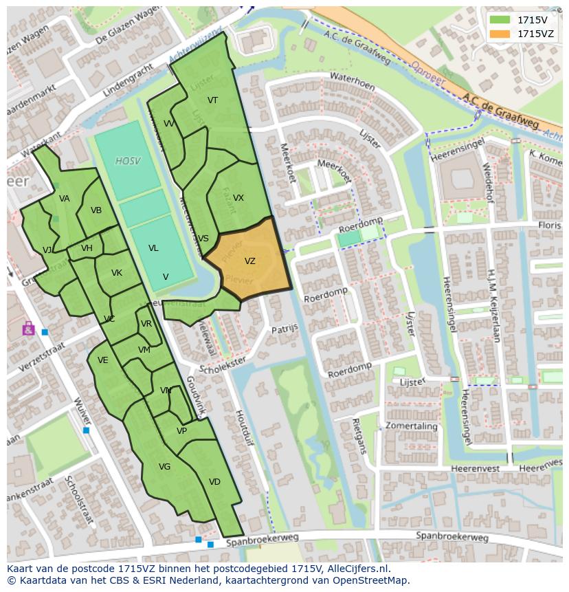 Afbeelding van het postcodegebied 1715 VZ op de kaart.