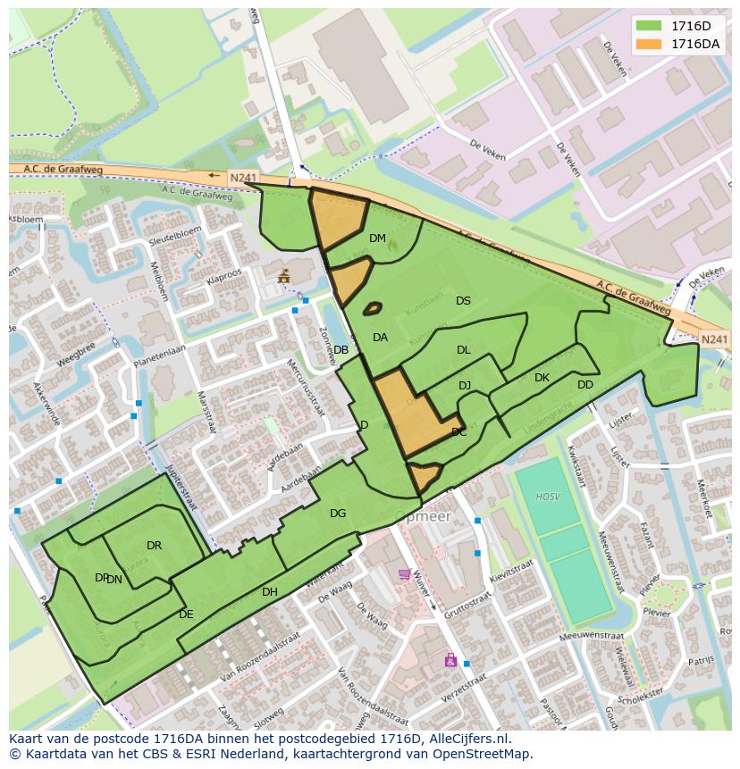 Afbeelding van het postcodegebied 1716 DA op de kaart.