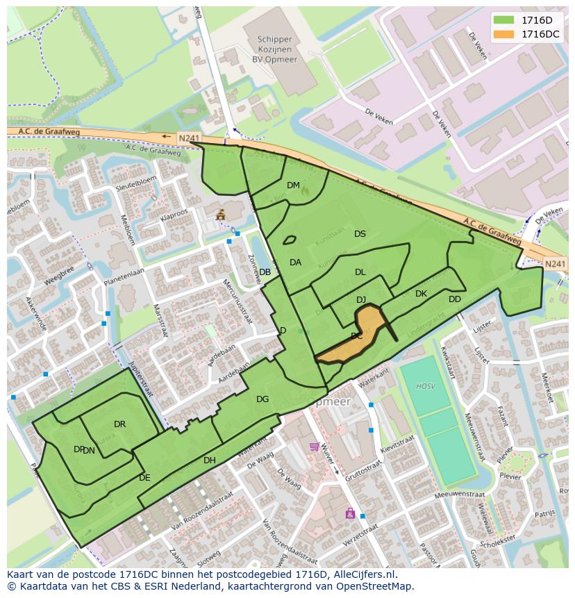 Afbeelding van het postcodegebied 1716 DC op de kaart.