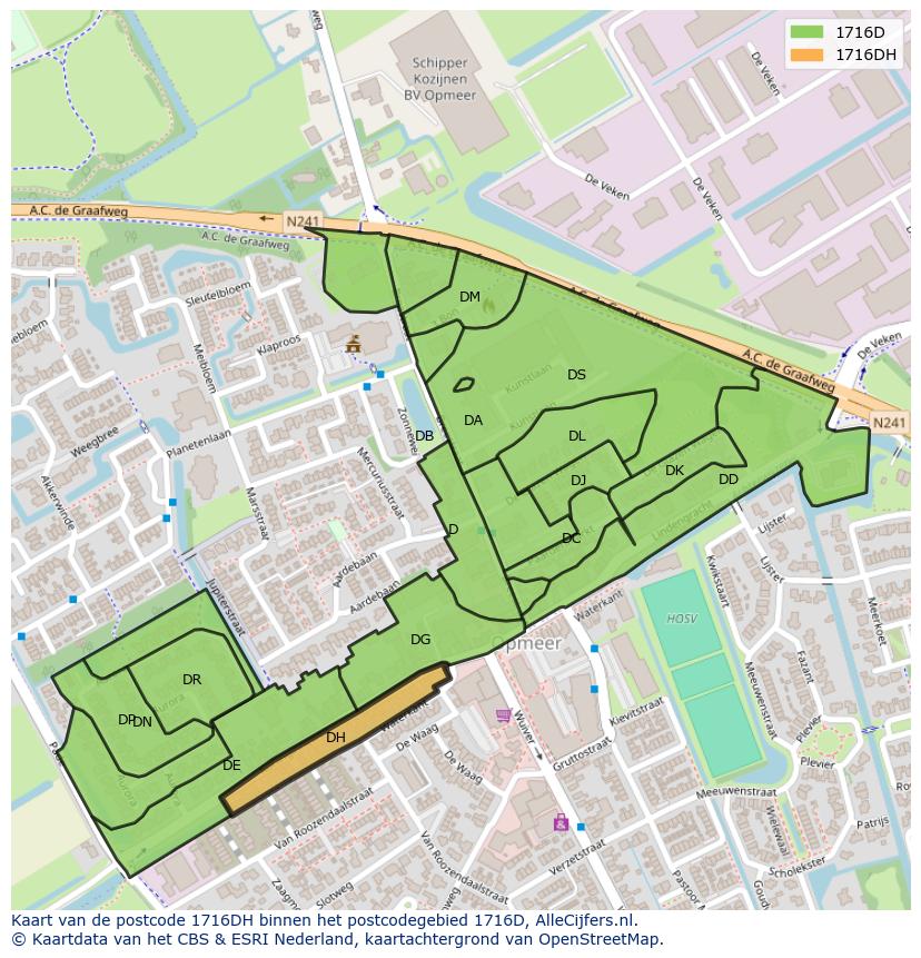 Afbeelding van het postcodegebied 1716 DH op de kaart.