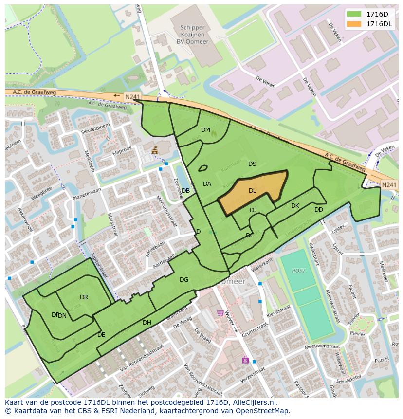 Afbeelding van het postcodegebied 1716 DL op de kaart.