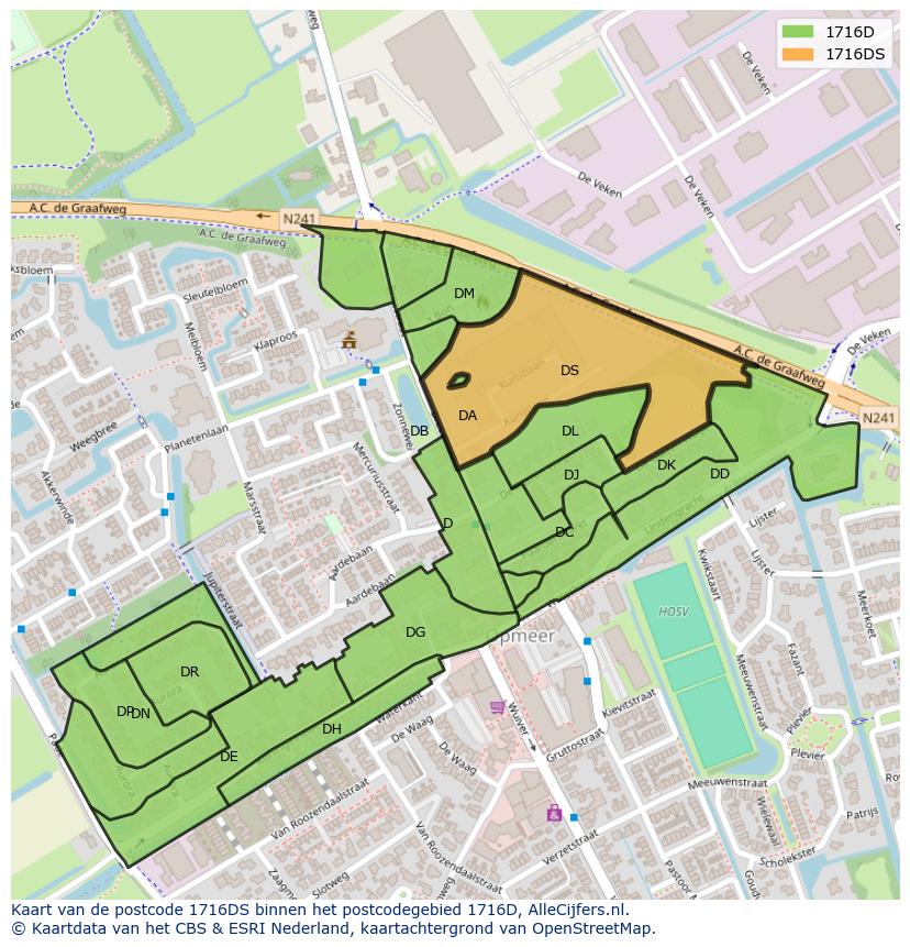 Afbeelding van het postcodegebied 1716 DS op de kaart.