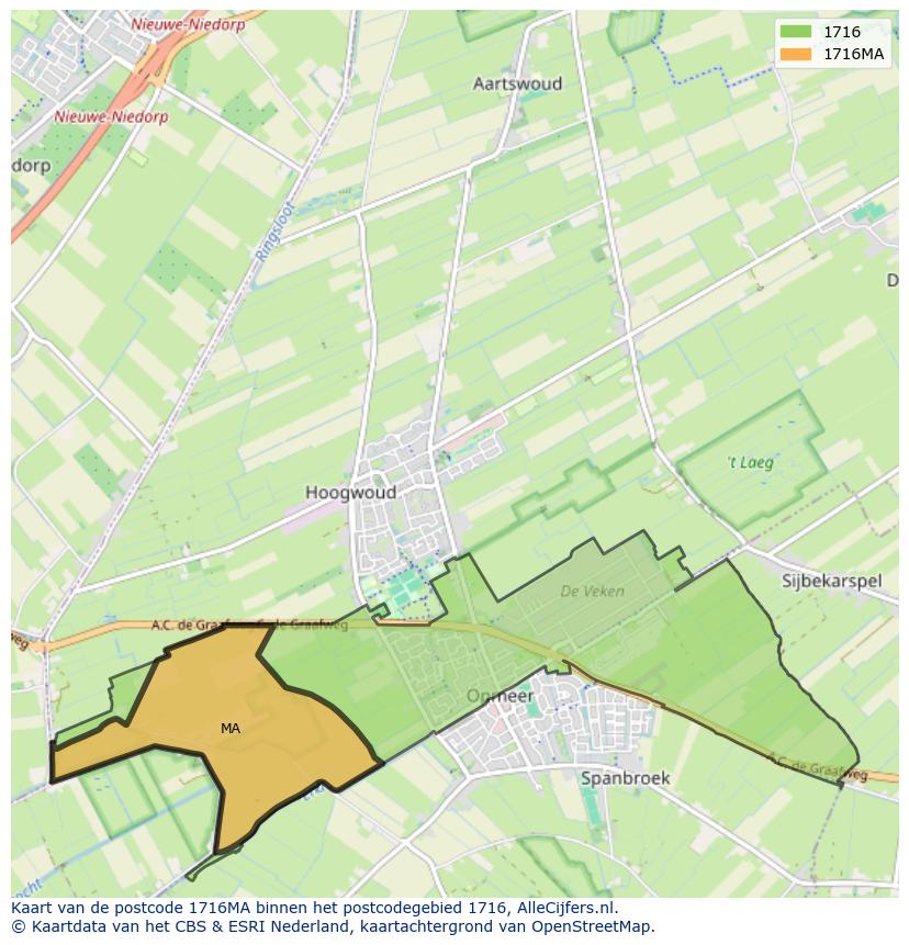 Afbeelding van het postcodegebied 1716 MA op de kaart.