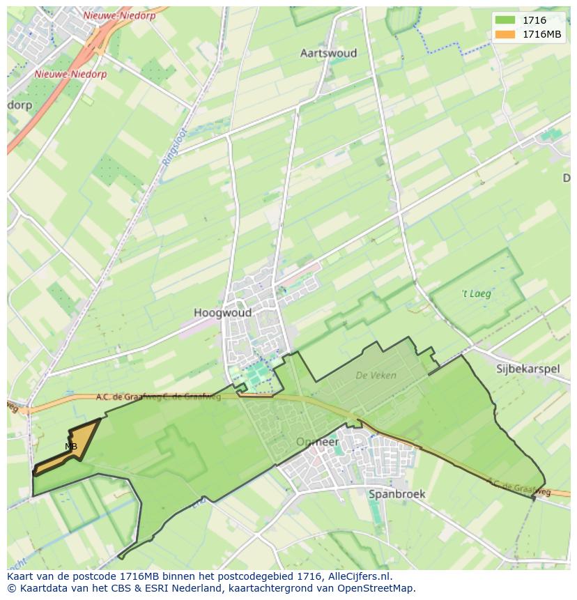 Afbeelding van het postcodegebied 1716 MB op de kaart.
