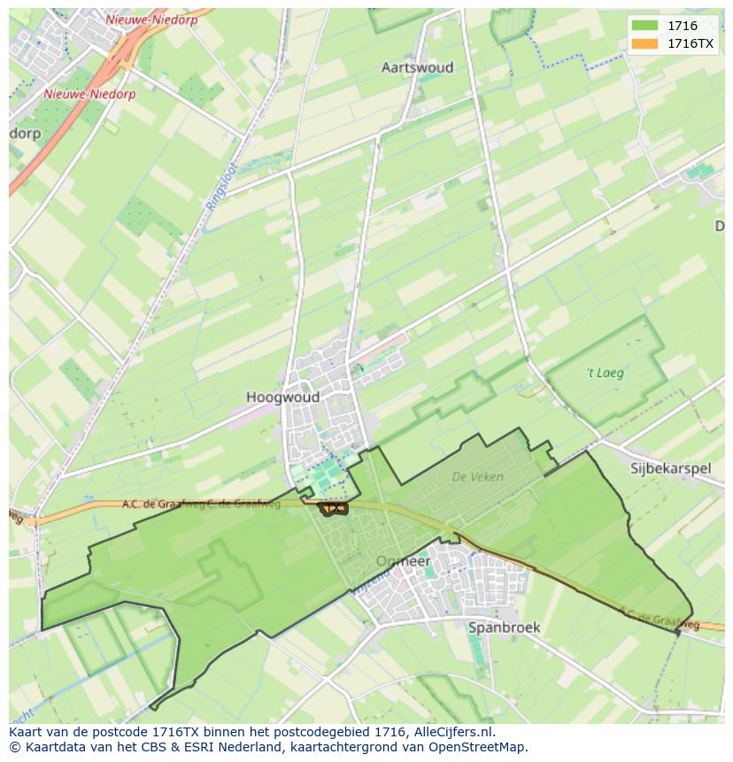 Afbeelding van het postcodegebied 1716 TX op de kaart.