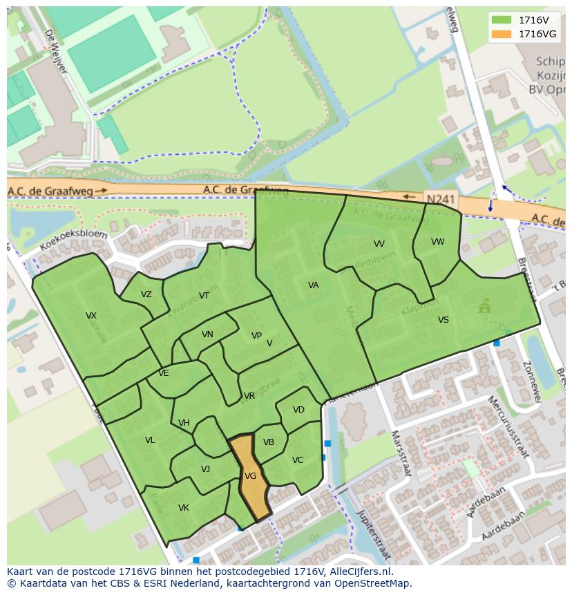 Afbeelding van het postcodegebied 1716 VG op de kaart.
