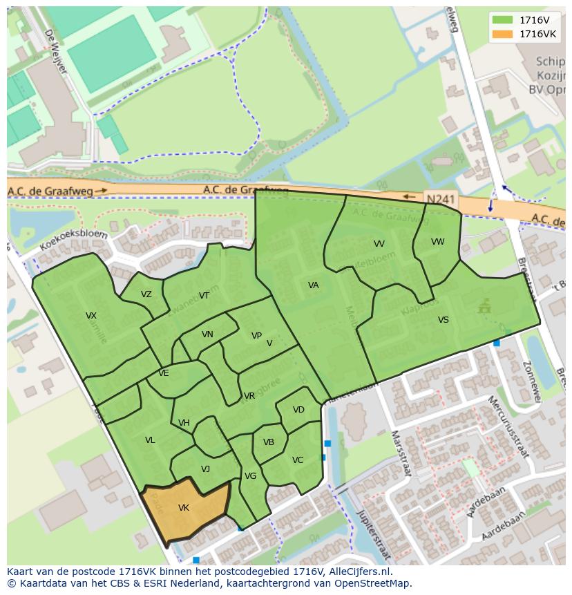 Afbeelding van het postcodegebied 1716 VK op de kaart.