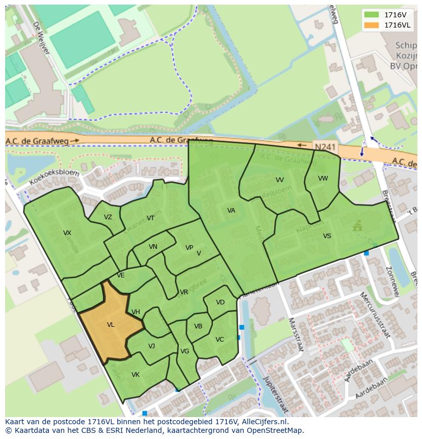 Afbeelding van het postcodegebied 1716 VL op de kaart.