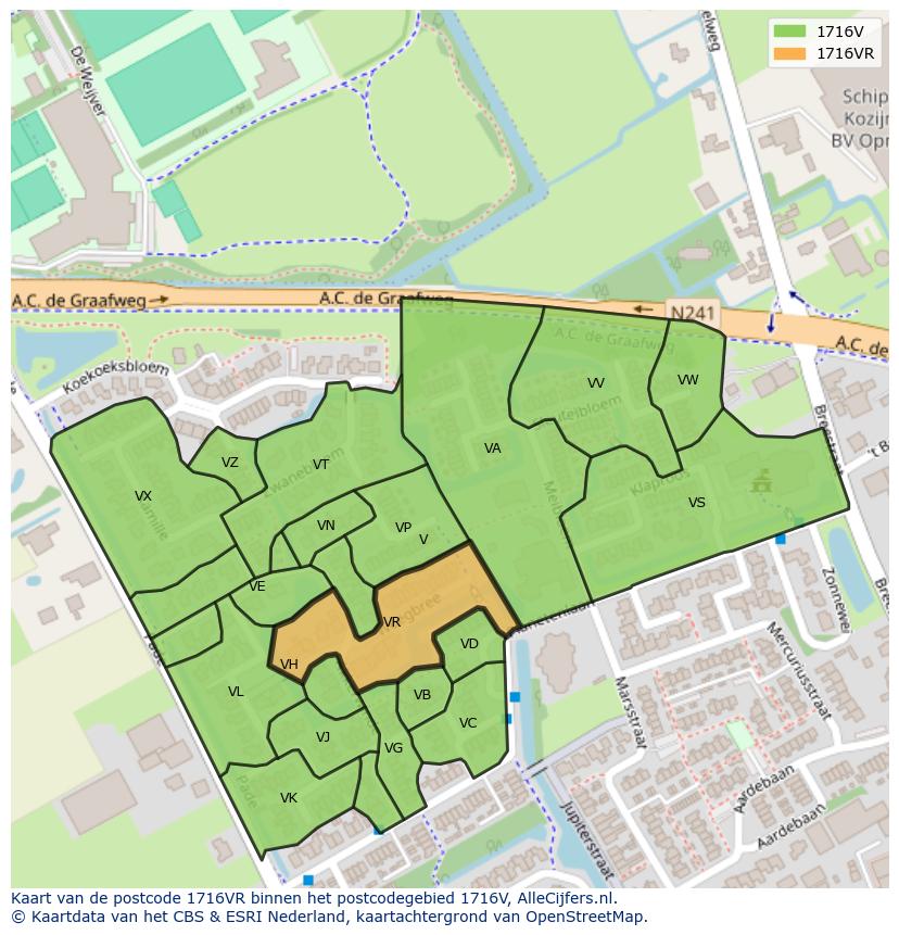 Afbeelding van het postcodegebied 1716 VR op de kaart.