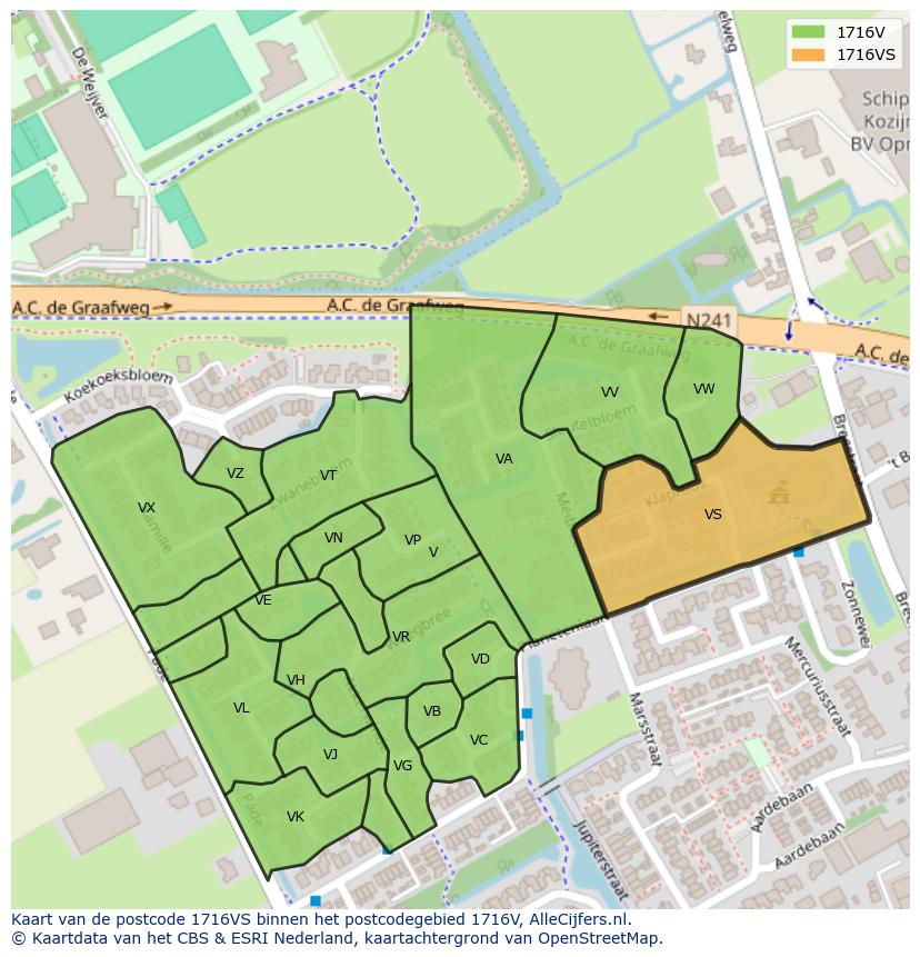 Afbeelding van het postcodegebied 1716 VS op de kaart.