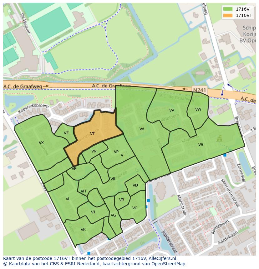 Afbeelding van het postcodegebied 1716 VT op de kaart.