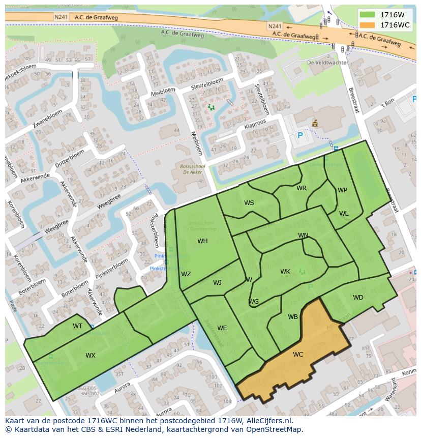 Afbeelding van het postcodegebied 1716 WC op de kaart.