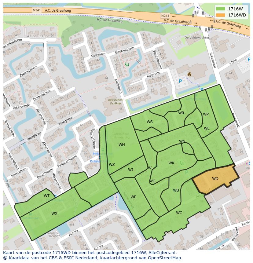 Afbeelding van het postcodegebied 1716 WD op de kaart.