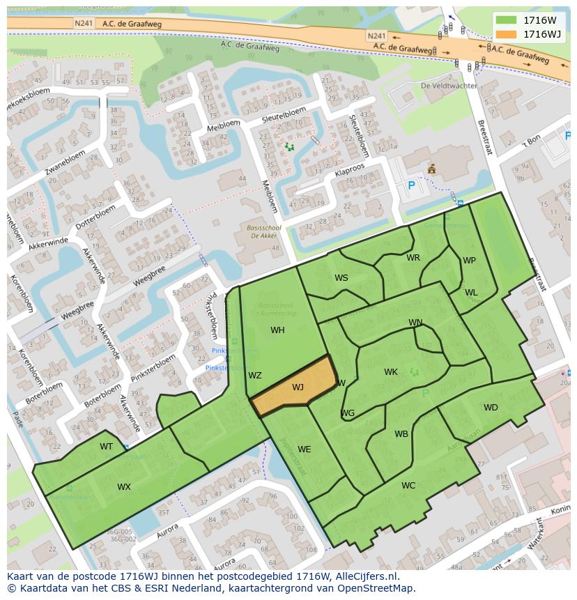 Afbeelding van het postcodegebied 1716 WJ op de kaart.