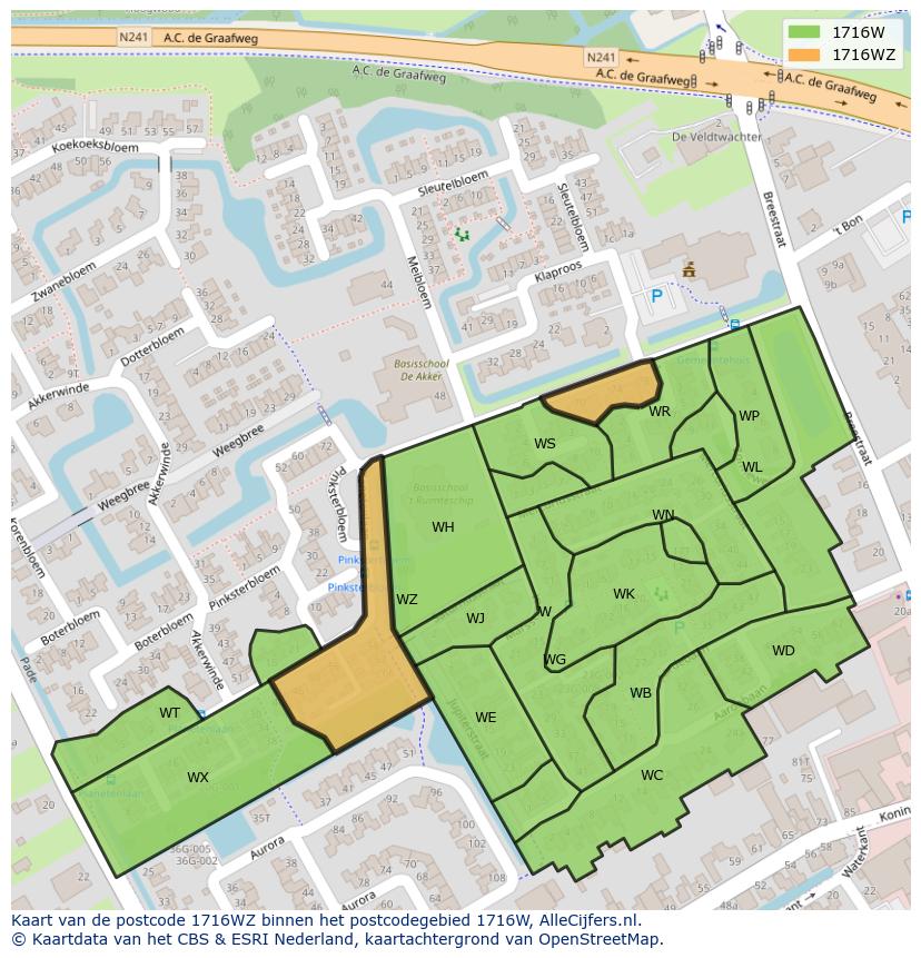 Afbeelding van het postcodegebied 1716 WZ op de kaart.