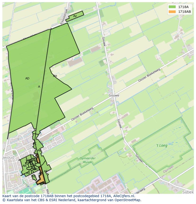 Afbeelding van het postcodegebied 1718 AB op de kaart.