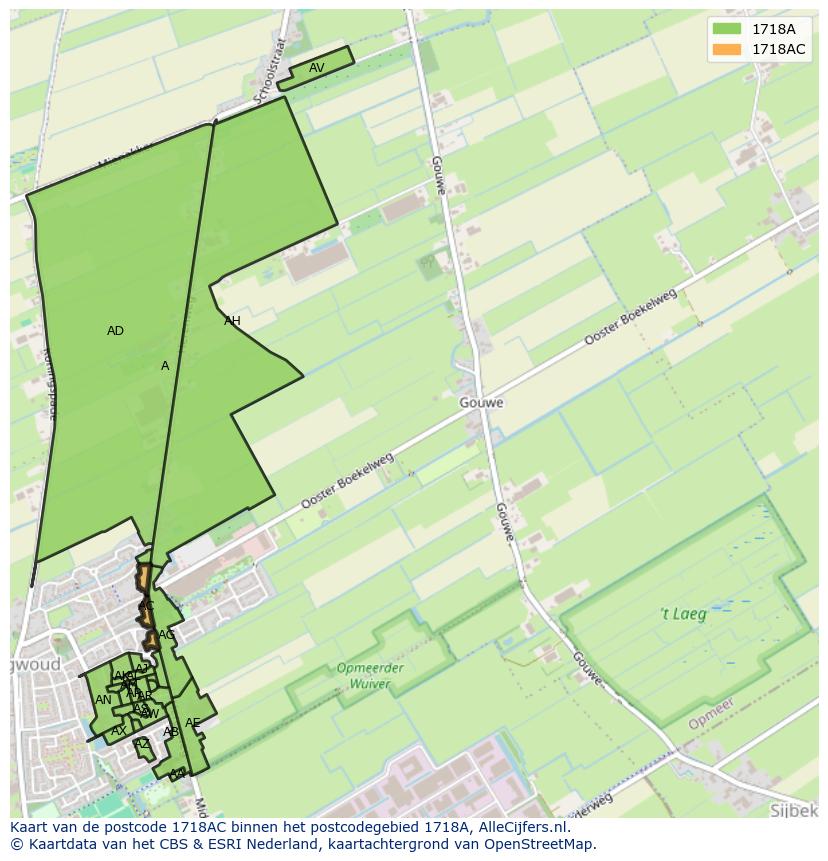 Afbeelding van het postcodegebied 1718 AC op de kaart.