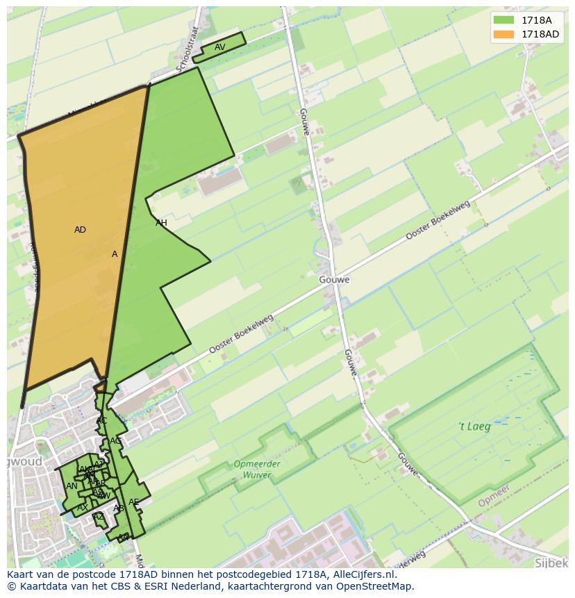 Afbeelding van het postcodegebied 1718 AD op de kaart.