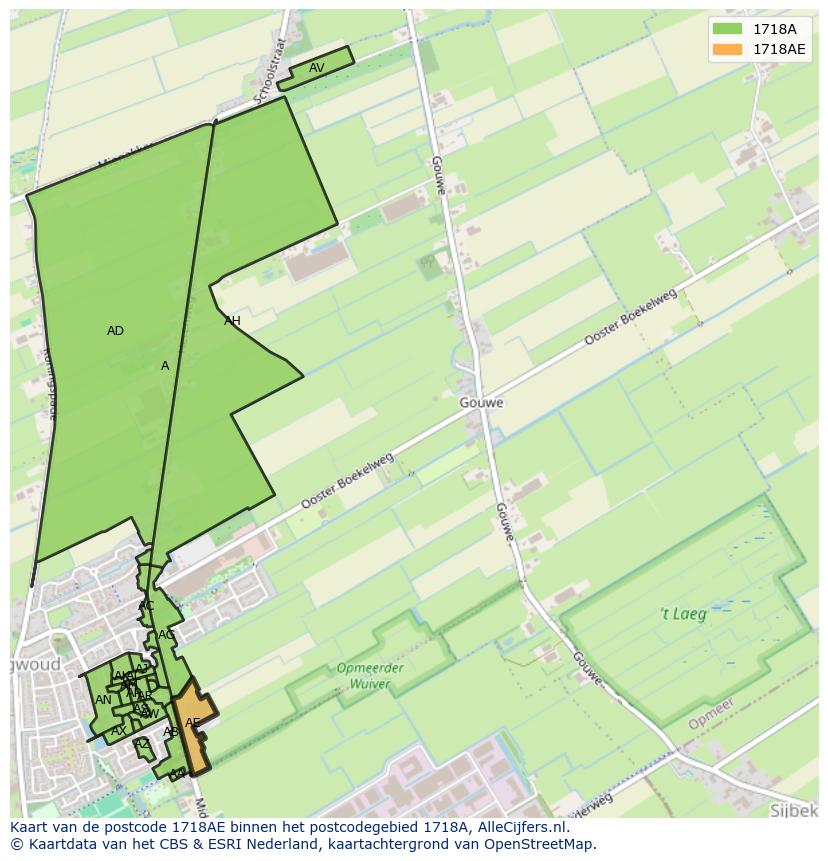 Afbeelding van het postcodegebied 1718 AE op de kaart.