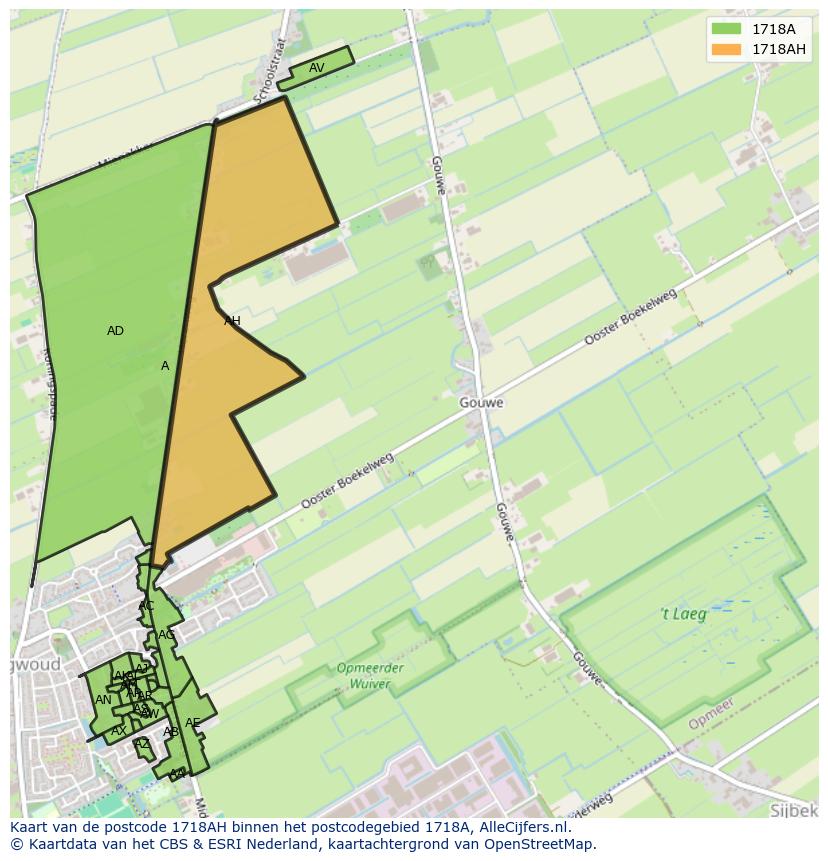Afbeelding van het postcodegebied 1718 AH op de kaart.