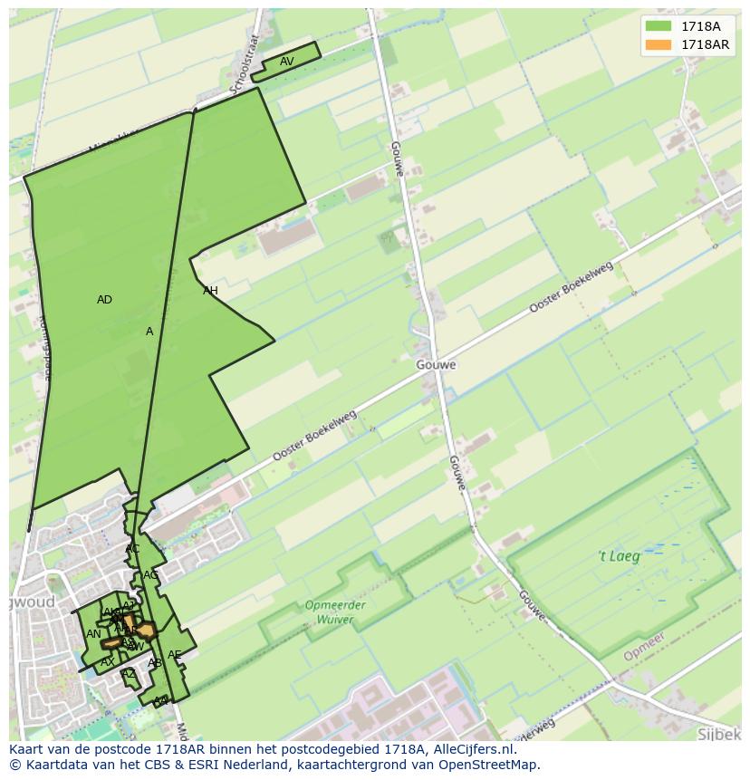Afbeelding van het postcodegebied 1718 AR op de kaart.