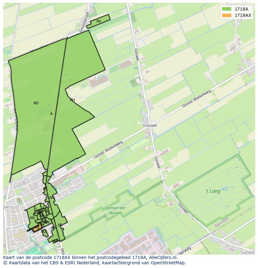 Afbeelding van het postcodegebied 1718 AX op de kaart.