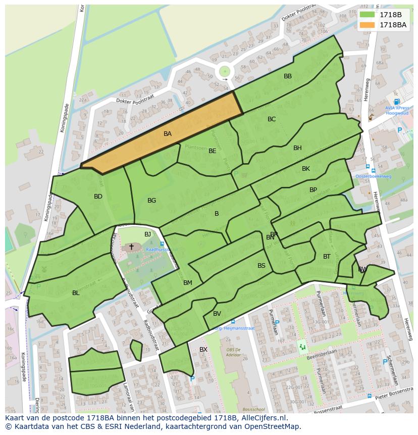 Afbeelding van het postcodegebied 1718 BA op de kaart.