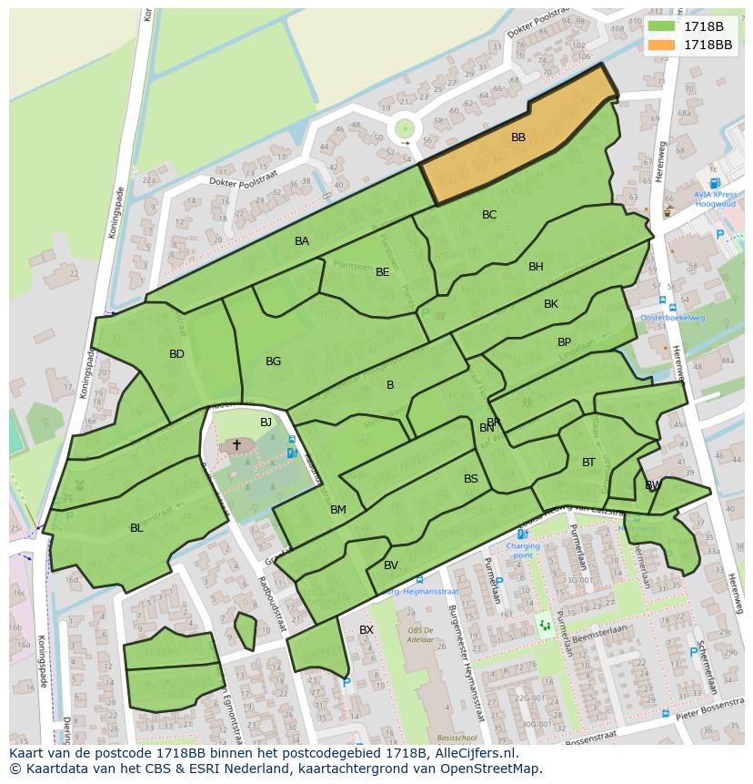 Afbeelding van het postcodegebied 1718 BB op de kaart.