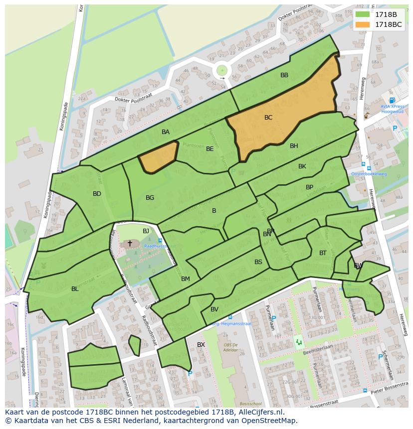 Afbeelding van het postcodegebied 1718 BC op de kaart.