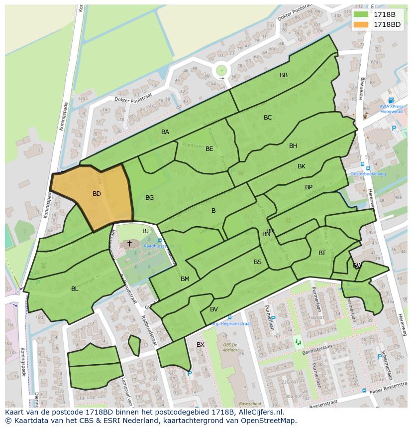 Afbeelding van het postcodegebied 1718 BD op de kaart.
